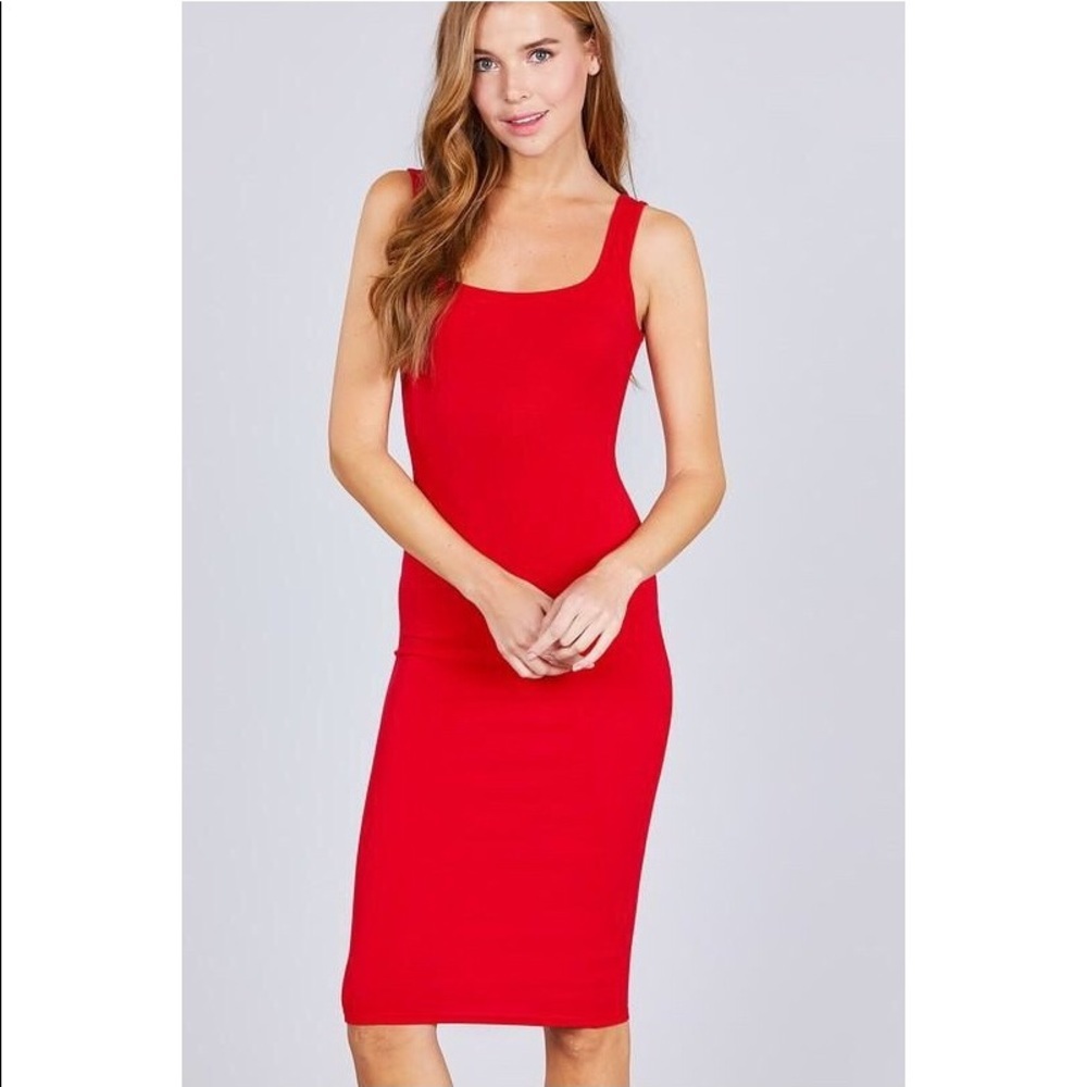Red Square Neck Ribbed Midi Dress